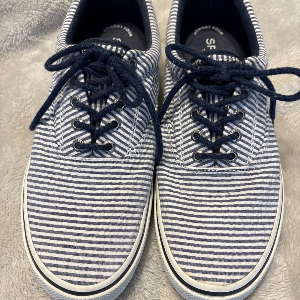 Sperrys Striped Canvas Lace-Up Sneakers in Navy and White